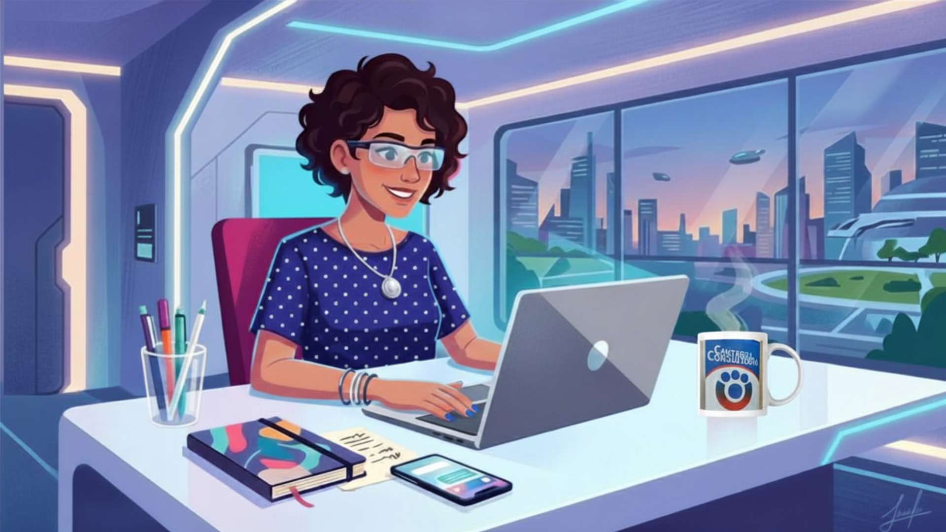 mujer en la netbook, escritorio futurista